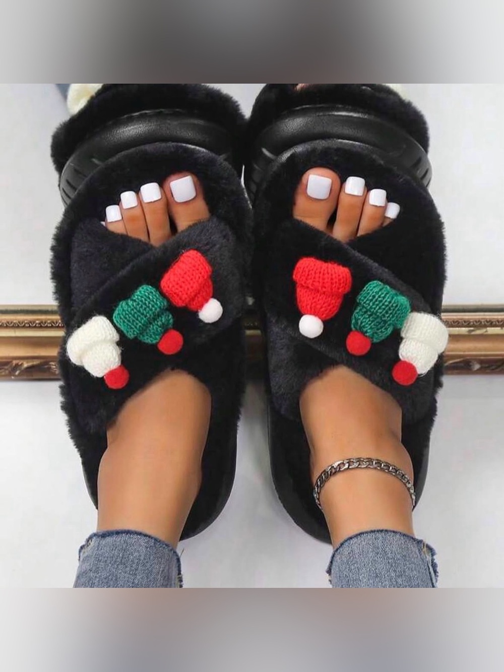 Cozy Black Fuzzy Holiday Slide Slippers